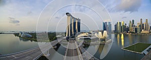 Singapore,Singapore Ã¢â¬â July 2016 : Aerial view of Singapore city skyline in sunrise or sunset at Marina Bay, Singapore